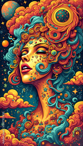 Wallpaper Mural A stunning psychedelic portrait of a woman gazing into a cosmic, colorful universe. Torontodigital.ca