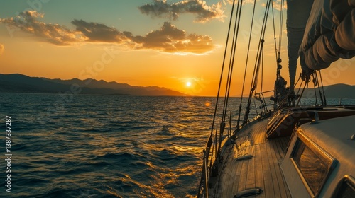 a cinematic shot of a pirate sloop sailing on the open sea in the Mediterranean