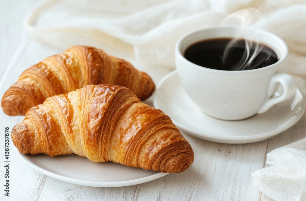 Minimalist breakfast setup, two freshly baked croissants and Minimalist breakfast setup, two freshly baked croissants and