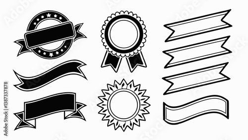 Collection of Black and White Ribbons and Award Badges Vector Graphics