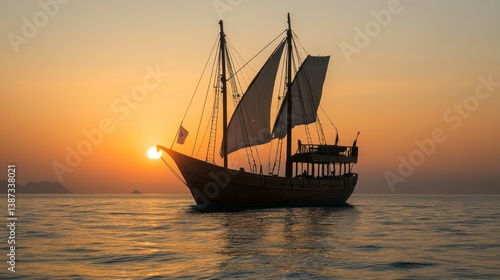 a cinematic shot of a pirate sloop sailing on the open sea in the Mediterranean