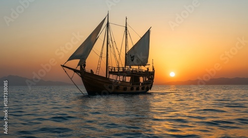 a cinematic shot of a pirate sloop sailing on the open sea in the Mediterranean