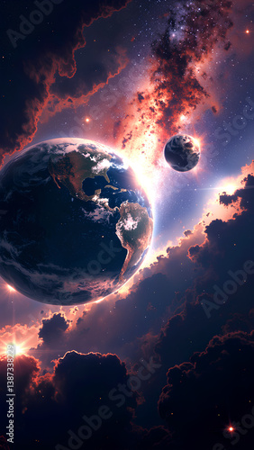 Cosmic Collision Between Earth And Asteroid Creating Dramatic Energy Burst In Deep Space