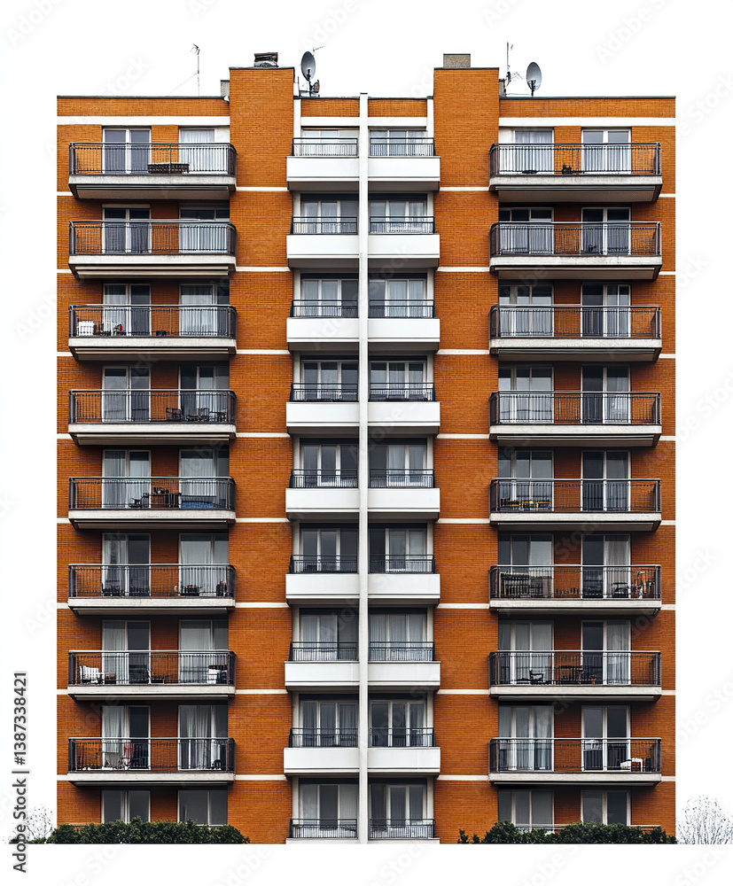modern multi story apartment building with balconies and orange brick facade modern multi story apartment building with balconies and orange brick facade