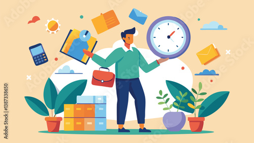 Colorful vector illustration depicting a person managing time and tasks with various icons representing productivity and organization in a vibrant setting