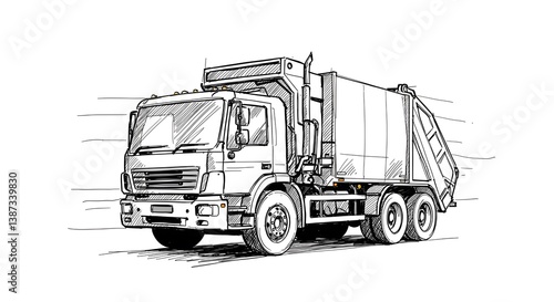 Garbage Truck Illustration Detailed Line Drawing of Sanitation Vehicle