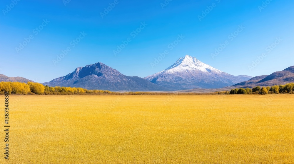 Fototapeta premium A vast, golden field stretches to snow-capped mountains under a clear blue sky. The mountains form a dramatic backdrop, contrasting with the fields warm hues. The image is high-resolution, showcasin
