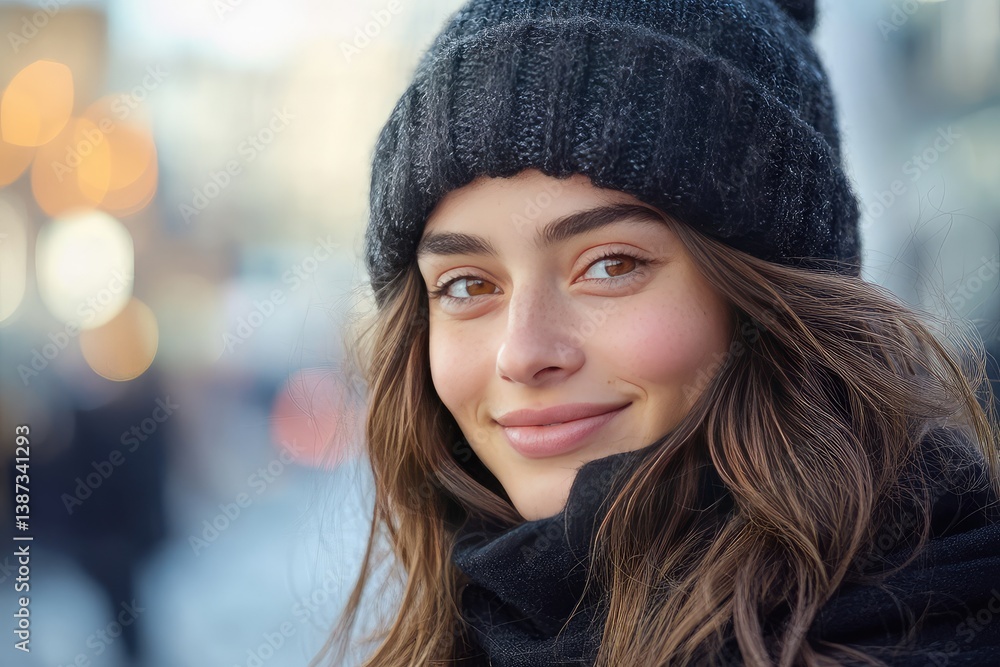 Woman in black beanie hat smiling warmly Woman in black beanie hat smiling warmly