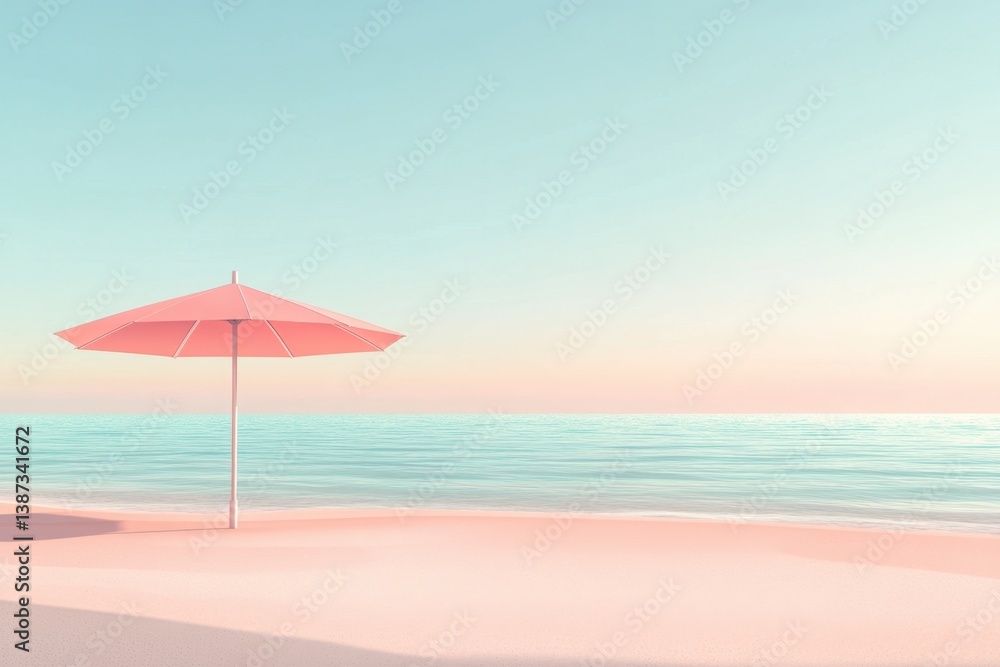 Serene beach view with a pink umbrella on a calm shoreline during sunset Serene beach view with a pink umbrella on a calm shoreline during sunset