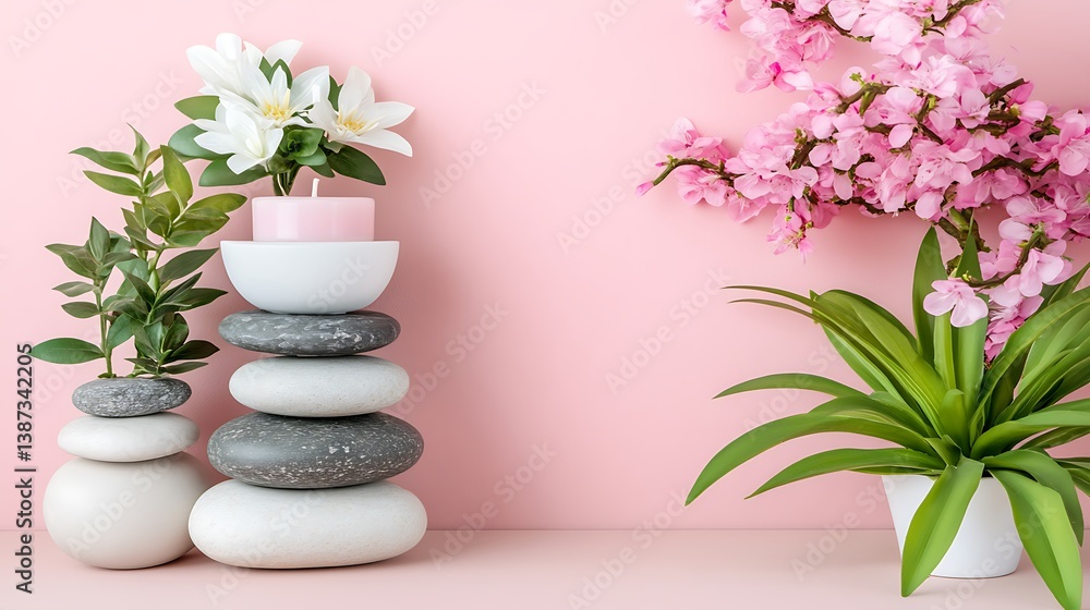 Obraz premium Pink Aesthetic Arrangement of Stones, Candles, and Flowers