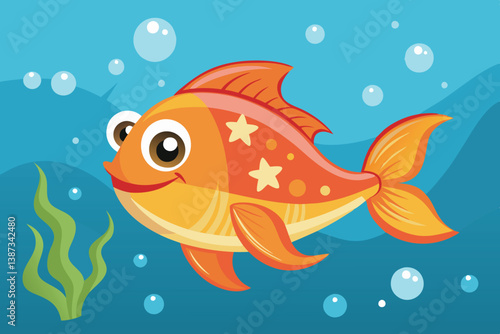 Bright and colorful fish swimming through a vibrant underwater scene filled with bubbles and starfish in a sunny ocean environment