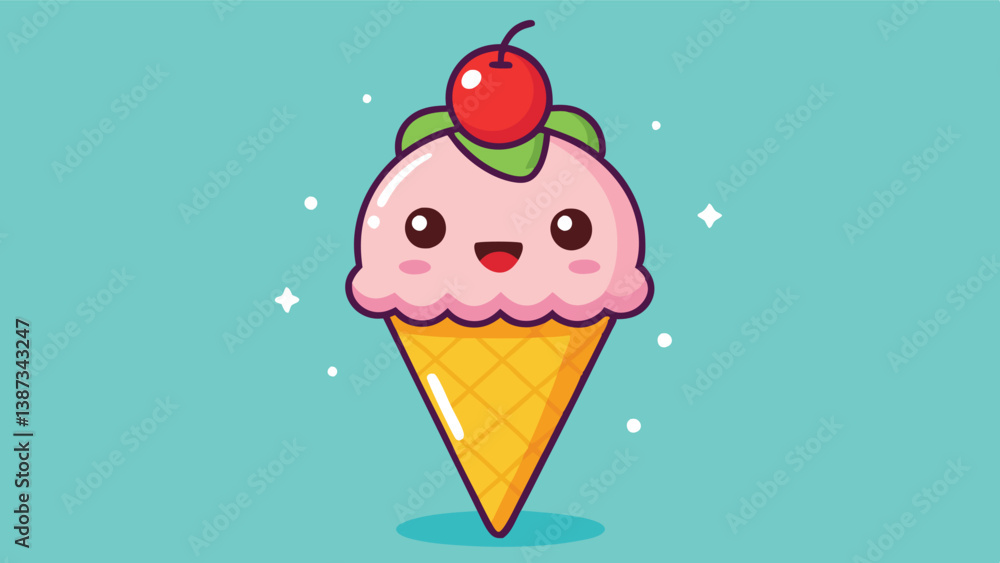 Cute cartoon ice cream cone character with sprinkles and cherry on top, celebrating joyfully against a bright blue background in a playful setting Cute cartoon ice cream cone character with sprinkles and cherry on top, celebrating joyfully against a bright blue background in a playful setting