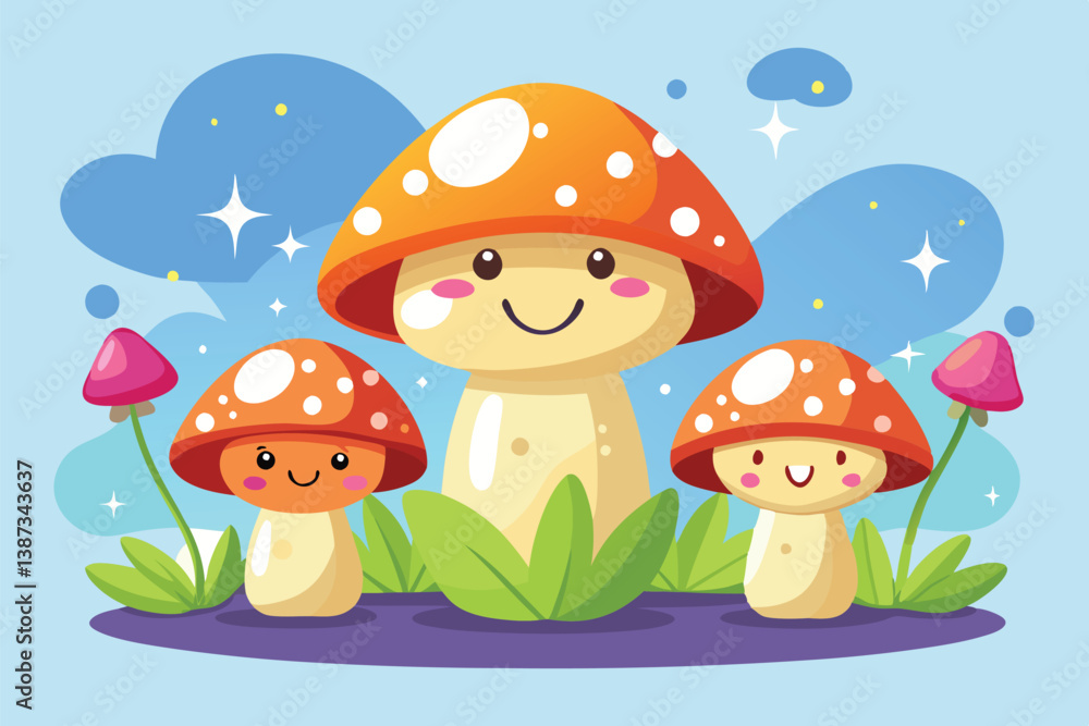 Cheerful mushrooms in a whimsical night setting with sparkling stars and cartoonish elements Cheerful mushrooms in a whimsical night setting with sparkling stars and cartoonish elements
