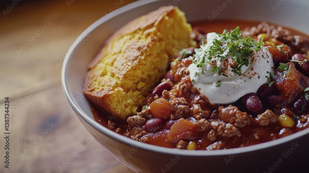 A hearty bowl of chili with cornbread. Featuring warmth and spice A hearty bowl of chili with cornbread. Featuring warmth and spice