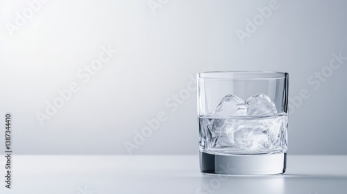 A rocks glass filled with ice and water sits on a white surface. The background is a plain, light gray. The image is clean and minimalist. It features a neutral color palette. This high-quality imag