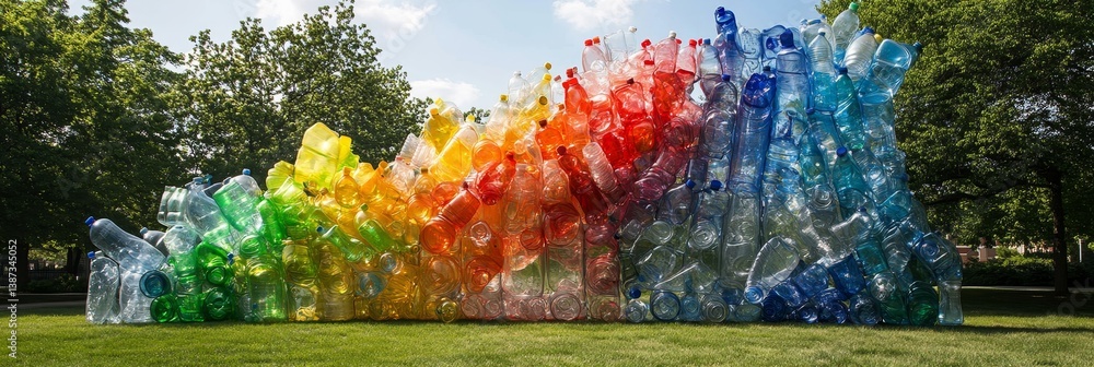 Fototapeta premium Colorful plastic bottles arranged in rainbow gradient on grass with