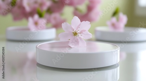 Wallpaper Mural Pink Cherry Blossom on White Platters, Soft Background. Possible use  Elegant spring floral still life Torontodigital.ca