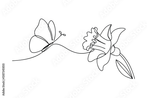 Minimalist Line Art Of Butterfly And Daffodil Flower Isolated On White Background