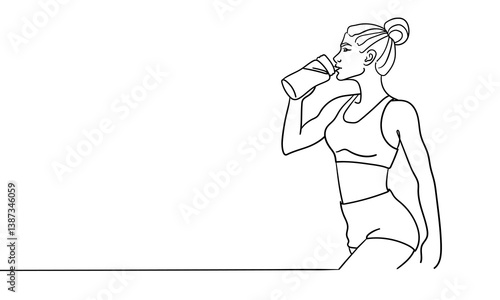 Sport girl drinks protein line art drawing. Girl narcissist, admires himself on white background. Vector illustration