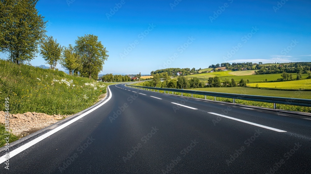 Fototapeta premium Scenic asphalt road curves through a vibrant green countryside under a clear blue sky.