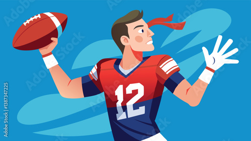 Vector illustration of a football player in action throwing a pass with determination and skill on a vibrant blue background