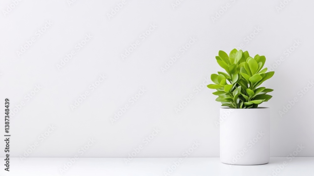 Fototapeta premium A potted green plant sitting on a white surface against a plain white background, and minimalist interior design concept with clean lines.