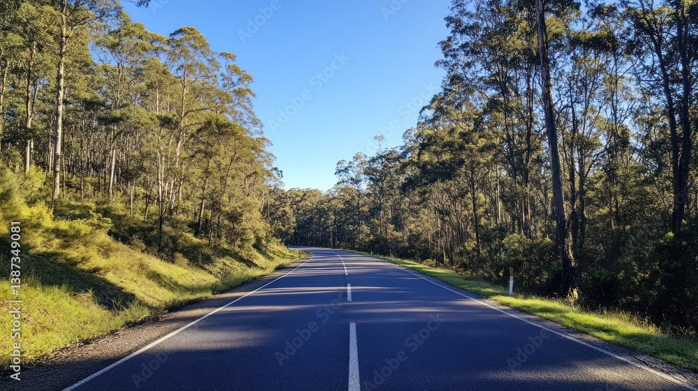 Fototapeta premium Scenic road through lush green forest on sunny day.