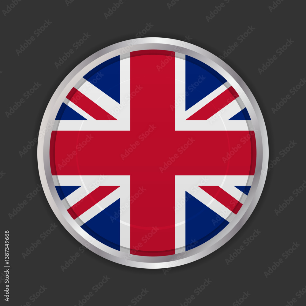British flag button icon. Circular button design featuring the British flag, bordered by a metallic silver frame. Vector icon, EPS10