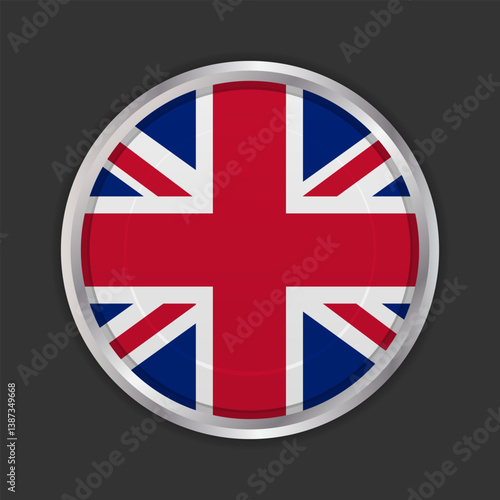 Obraz na płótnie British flag button icon. Circular button design featuring the British flag, bordered by a metallic silver frame. Vector icon, EPS10 w salonie