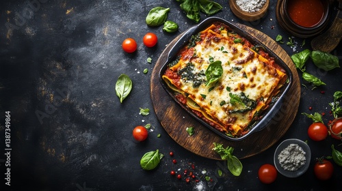 A hearty vegetable lasagna with ricotta, spinach, and marinara sauce. Featuring comfort and wholesomeness