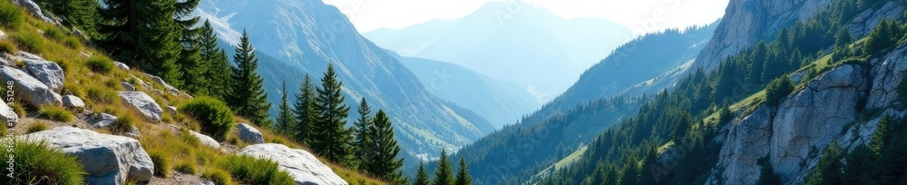 Fototapeta premium Pine trees in the foreground on a rocky mountain slope, rock, pine, tree