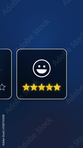 Client satisfaction level, customer feedback review with happy face emoji and star rating, showing the quality of user experience, glowing, on navy blue background.