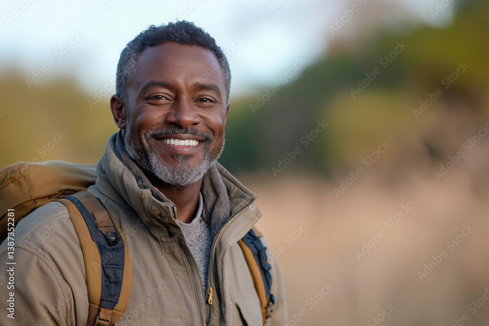 A 55-year-old African-American man is strolling through a picturesque landscape. A person is surrounded by nature, including green trees and hills, which creates a peaceful and inspiring mood. A 55-year-old African-American man is strolling through a picturesque landscape. A person is surrounded by nature, including green trees and hills, which creates a peaceful and inspiring mood.