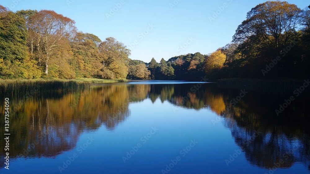 Serene autumn lake reflecting colorful trees and clear blue sky. Serene autumn lake reflecting colorful trees and clear blue sky.