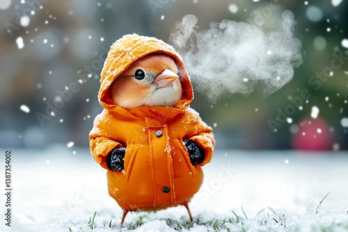 Comical animals. Zoo animal support. Happy cute baby animal bullfinch in winter warm clothes, frosty breath from nose and mouth in frosty breeze. Animal welfare drive. Zoo safety project.