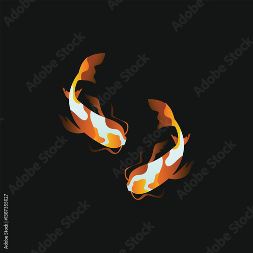 Koi carp fish. Japanese koi carp fish, cute oriental fish koi, swimming carps flat vector symbols illustration. Asian colorful koi fish isolated on black background for logo or design or illustration.