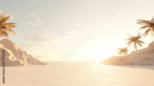 Serene Beach at Sunrise with Palm Trees and Gentle Ocean Waves