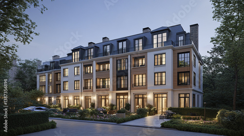 Wallpaper Mural Contemporary Scandinavian style townhouses with warm lighting at dusk Torontodigital.ca