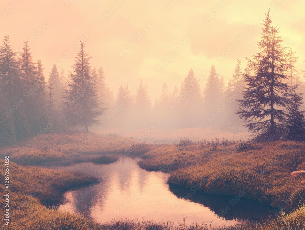 A misty trail leads through a tranquil forest of tall pines and ferns.