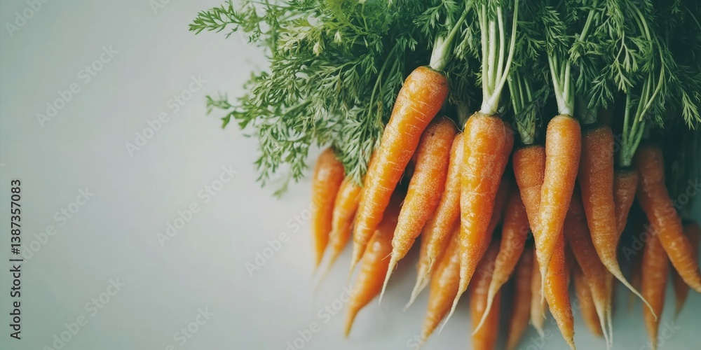 Fresh bunch of baby carrots with stems and green tops. Healthy, organic vegetable option for cooking or raw consumption.