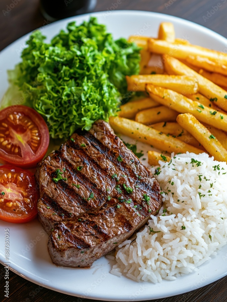 A hearty steak dinner on a white plate with french fries, salad and rice. The meal is garnished and seasoned.