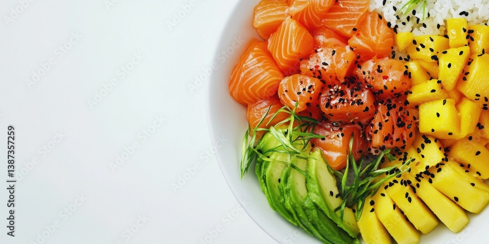 A bowl of fresh, colorful sushi rolls and raw fish with rice on the side. Mangoes and sesame seeds are included in this meal for added texture and flavor.