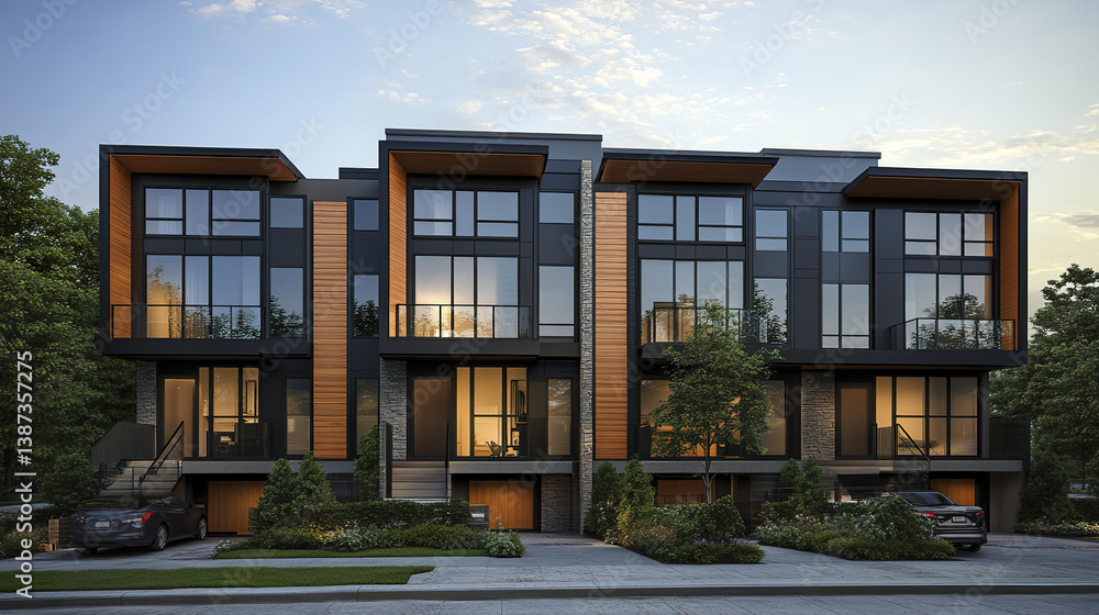 Fototapeta premium Contemporary townhouses with warm wood accents and elegant design