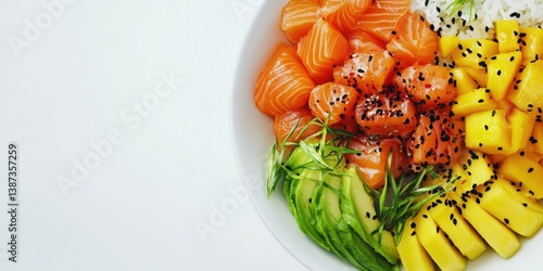 Obraz na płótnie A bowl of fresh, colorful sushi rolls and raw fish with rice on the side. Mangoes and sesame seeds are included in this meal for added texture and flavor. w salonie