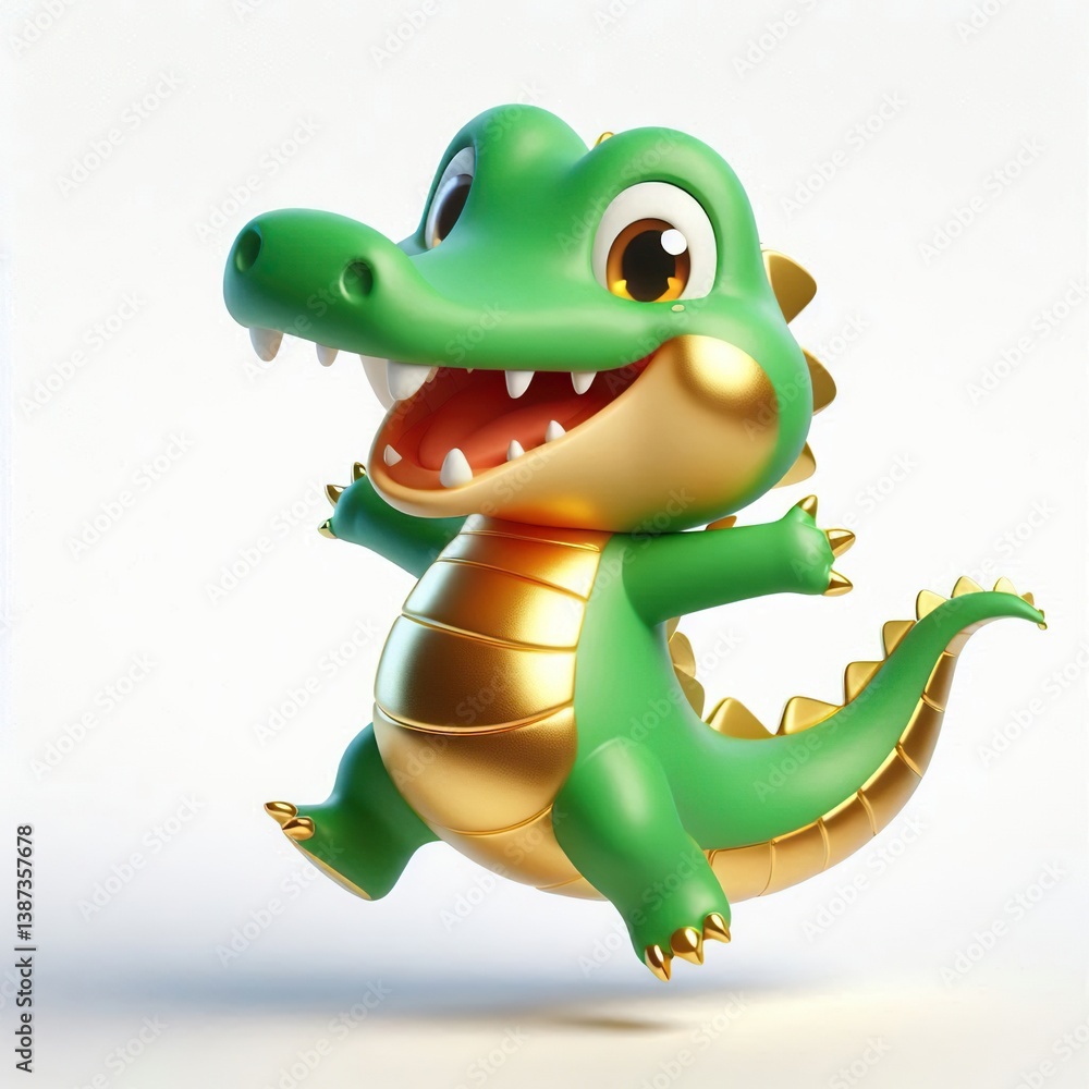 Fototapeta premium Animated character 3D image of happy green gold Alligator jumping, cute design, white background