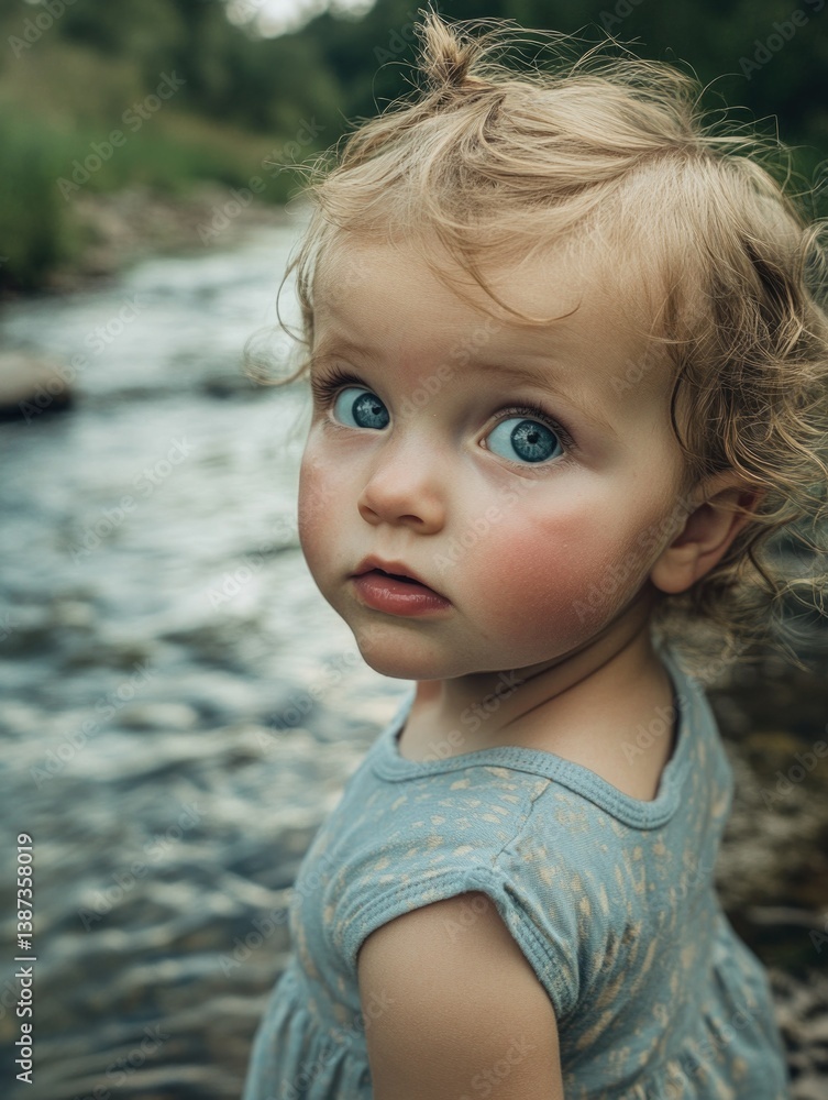 A young toddler in a floral dress, with her hair styled like pigtails, looking over her shoulder at the river water.