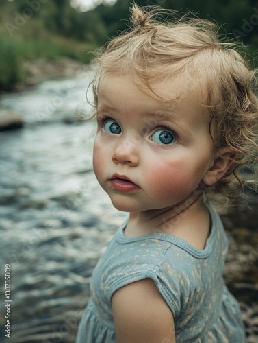 Obraz na płótnie A young toddler in a floral dress, with her hair styled like pigtails, looking over her shoulder at the river water. w salonie
