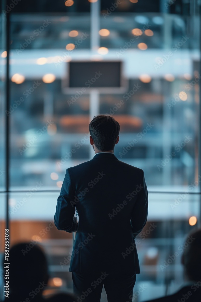 Man in suit presenting in business office at night with city lights. Man in suit presenting in business office at night with city lights.