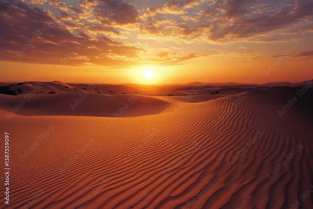 Sunset at the sand dunes in a desert landscape with warm golden tones.
