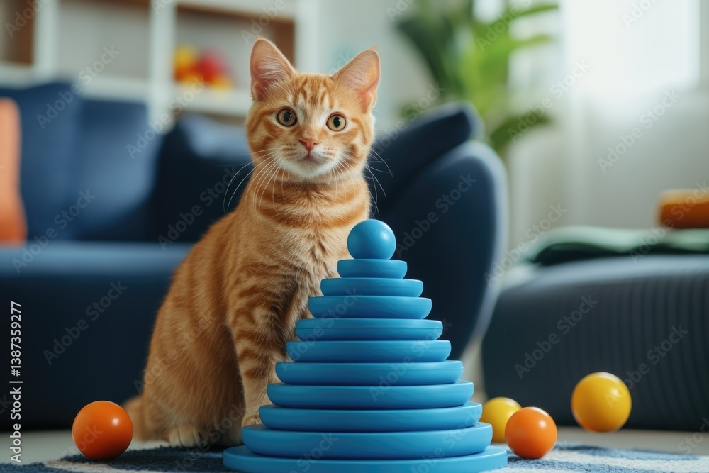 Young orange tabby cat playing with colorful stackable toys in a living room.